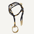 Long black waxed cotton cord necklace with gold-tone pieces