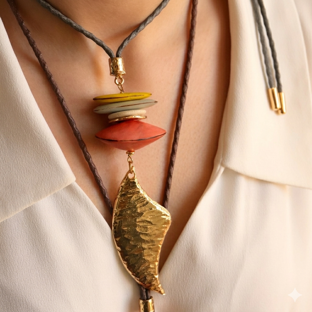 Macao necklace with a leaf pendant in orange, wooden beads on a cord — Émolo