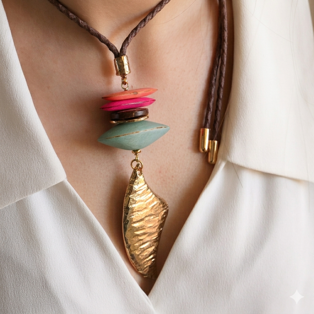 Macao necklace with a leaf pendant in turquoise, wooden beads on a cord — Émolo