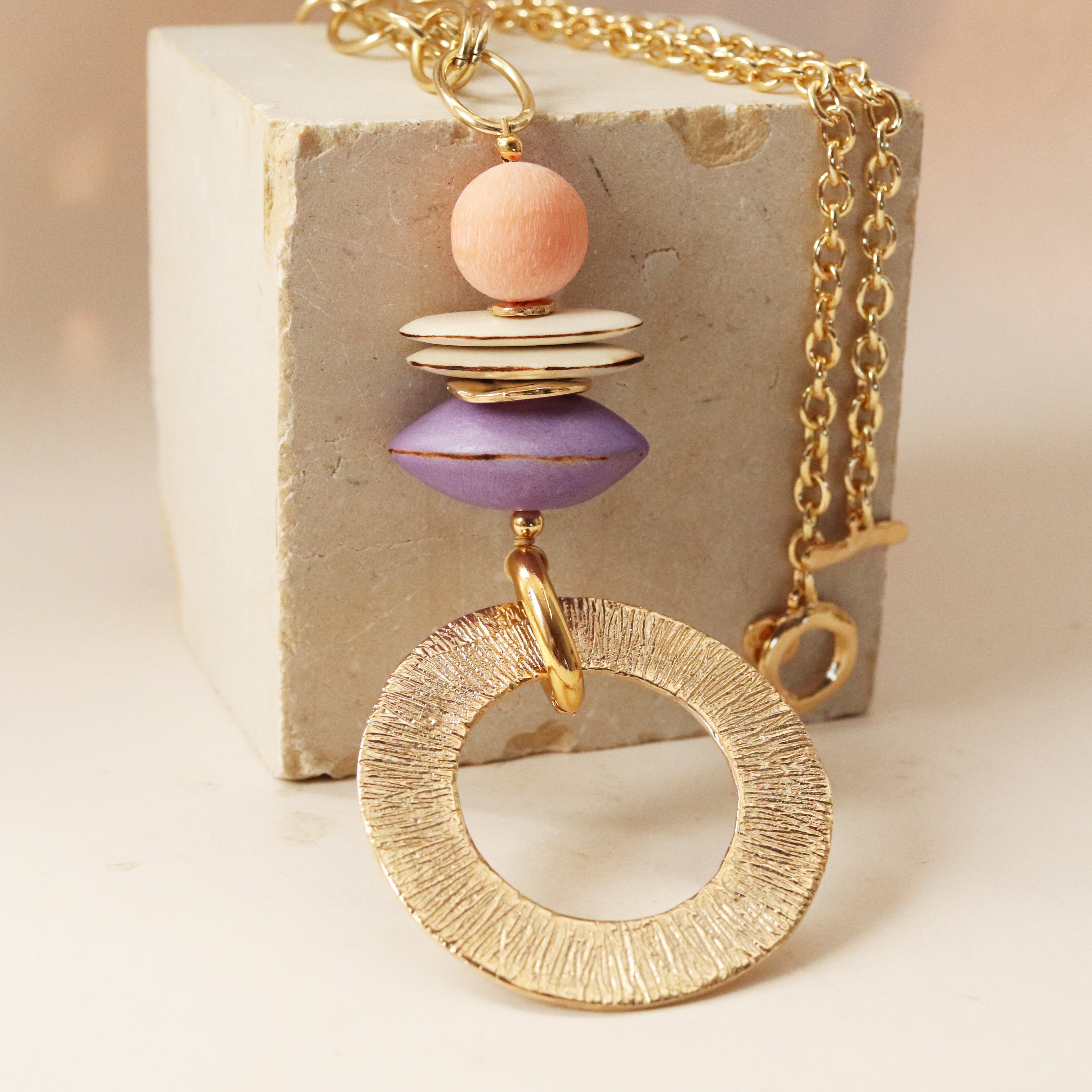 Macao golden chain necklace with a lilac detail, long design — Émolo