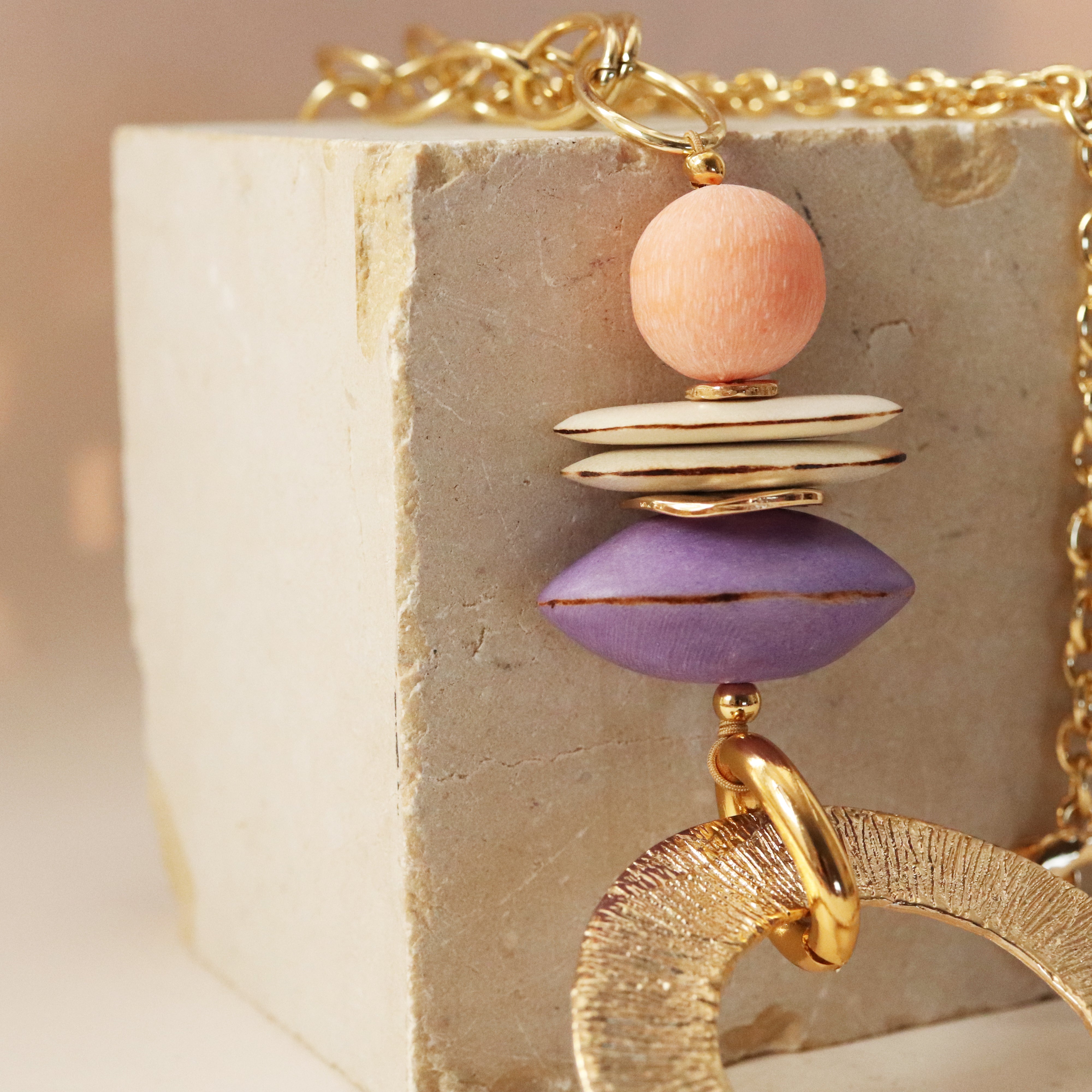 Macao golden chain necklace with a lilac detail, long design — Émolo