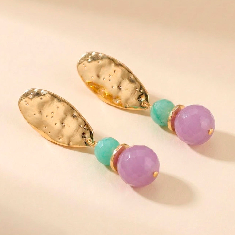BAVARO earrings in green and mauve tones, natural stones and gold plating, handmade Émolo jewellery
