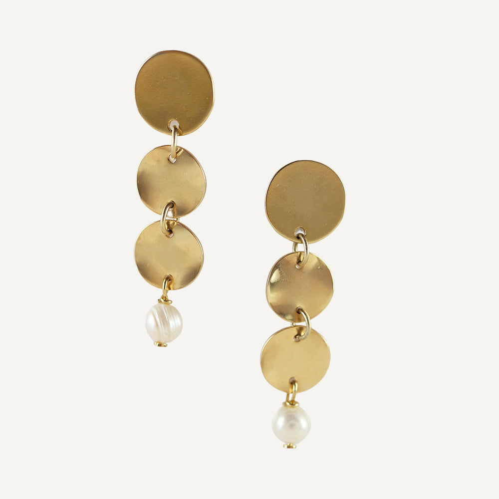 Pendientes dorados largos para mujer con cierre a presión y perla 