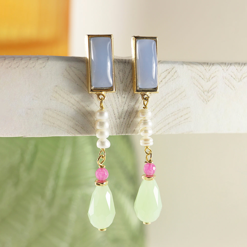 Pendientes azules largos para mujer con piedra natural y perla de río