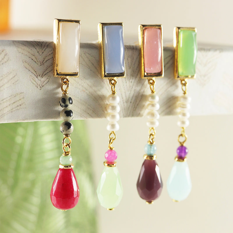 Pendientes largos piedras naturales para mujer con cierre a presión y perlas de río