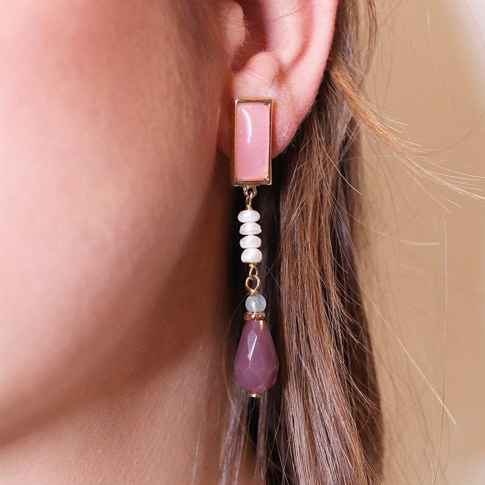 Pendientes con piedras naturales y cierre a presión para mujer color rosa