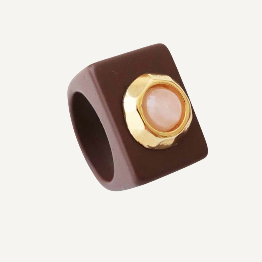 Anillo marrón con oro y cuarzo rosa [LATTE]-anillo-Émolo