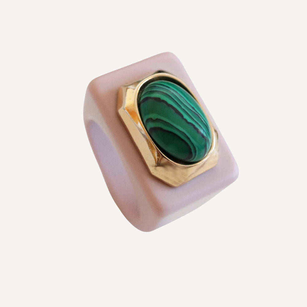 Women's ring in Makeup color with natural Malachite stone