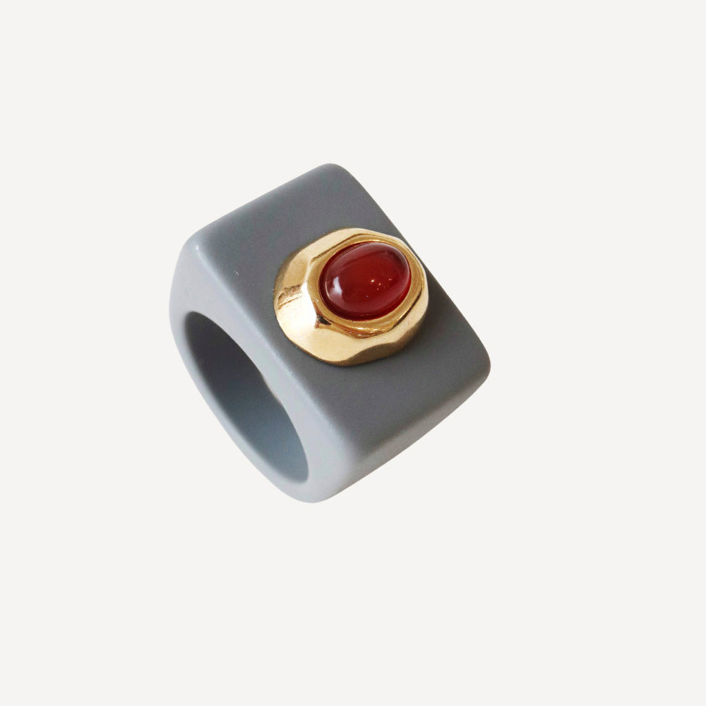 Women's gray ring with natural red agate stone