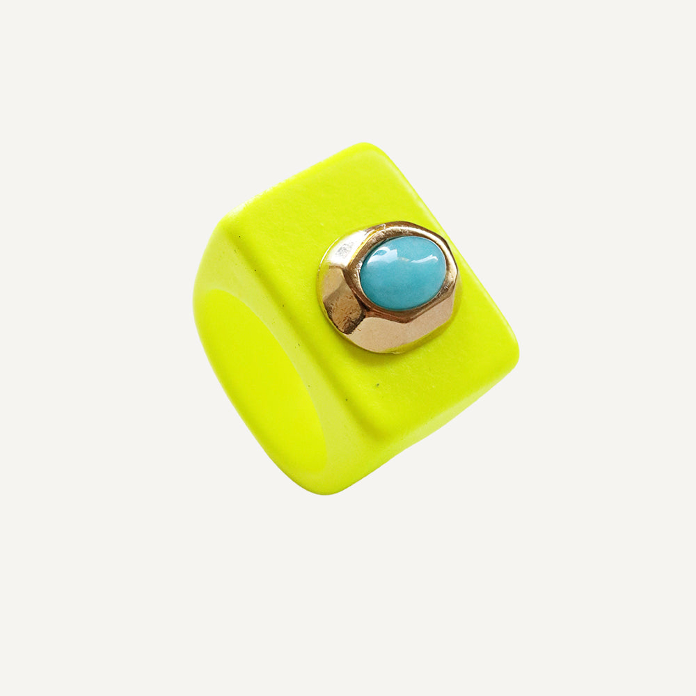 Anillos bisutería amarillo Fluor con piedra natural Turquesa-anillo-Émolo