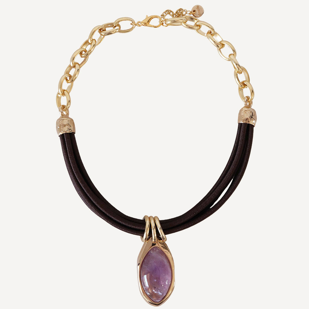 Short necklace with cord and chain, natural amethyst stone