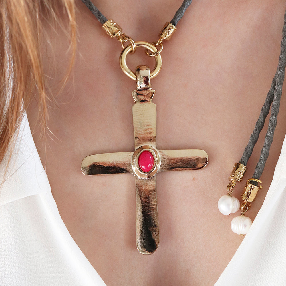 Collar cruz largo ajustable mujer piedra natural CRUZEA Monsul-collar largo-Émolo