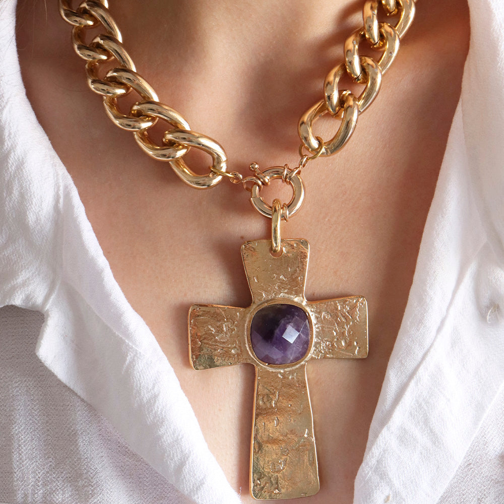Gold link necklace for women with gold cross and amethyst stone