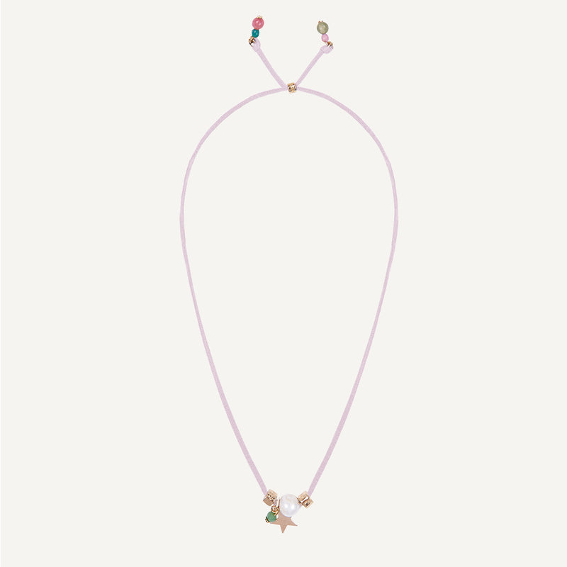 collar largo cordón rosa con perla