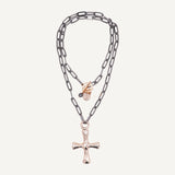 Collar largo cadena grafito para mujer con cruz dorada 