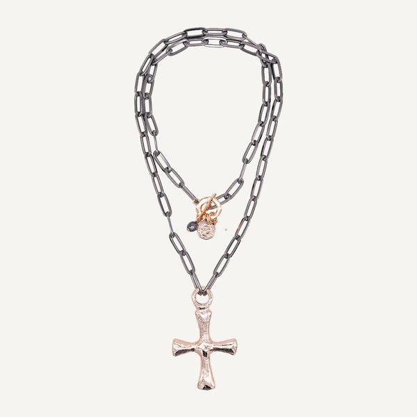 Collar largo cadena grafito para mujer con cruz dorada 