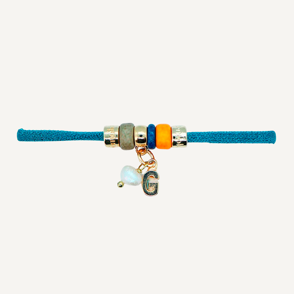 cord bracelet with stones and gold initial